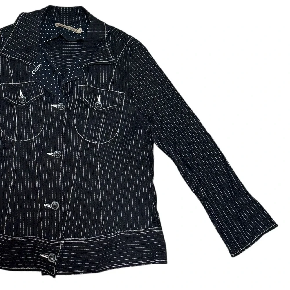 Y2K 90s Black‎ Button Up White Stitching Railroad Utility Stripes Western Grunge - Picture 2 of 11